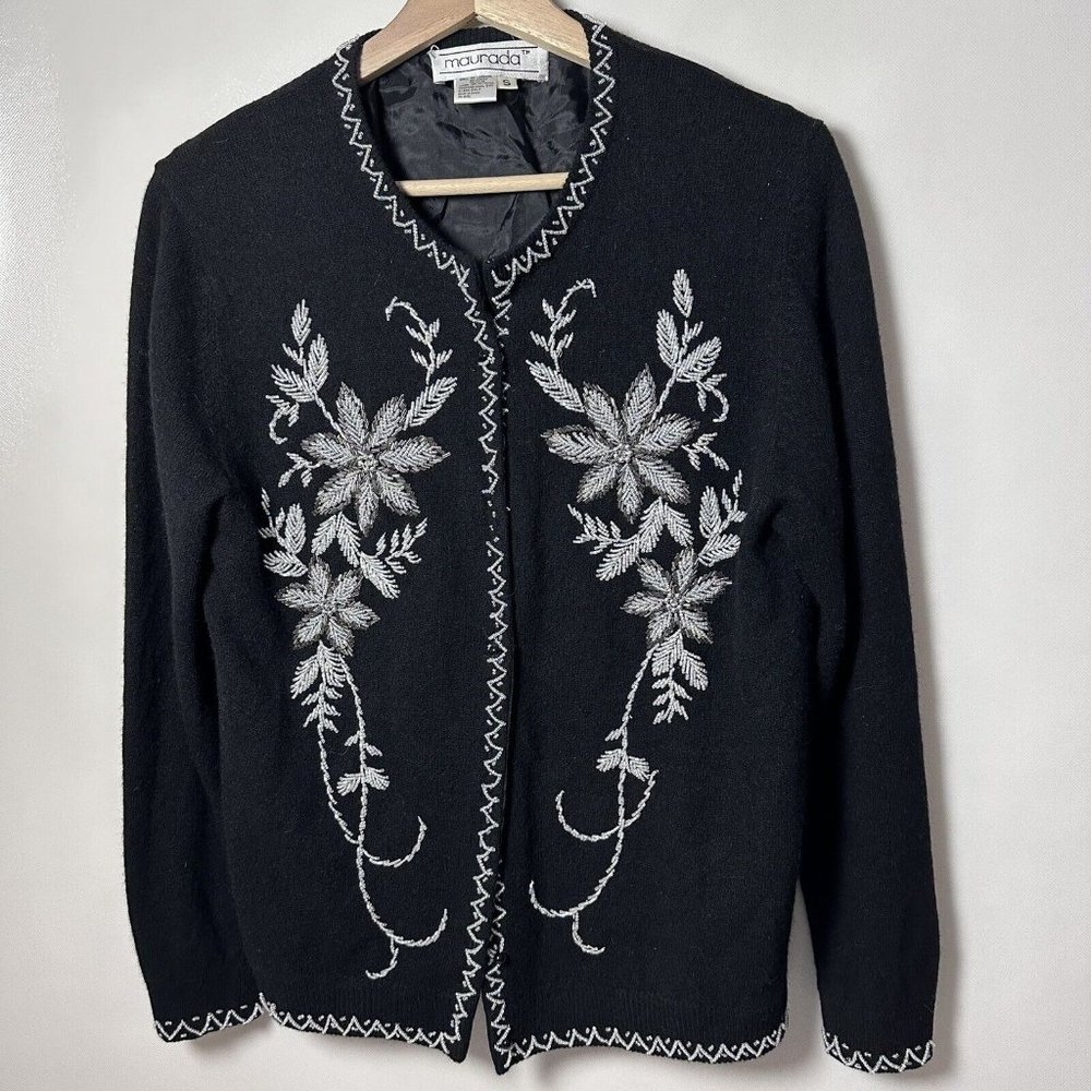 Maurada Womens Lambswool Black Sweater Button Cardigan  Beaded Granny Core M